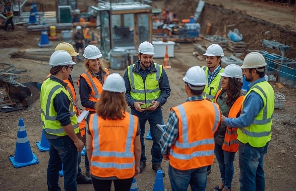 Construction workers in safety gear having a site briefing